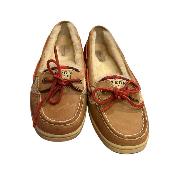 Sperry Top Sider Leather With Lambswool Shoes Womens Size 6M Brown Red Plaid - Picture 2 of 12